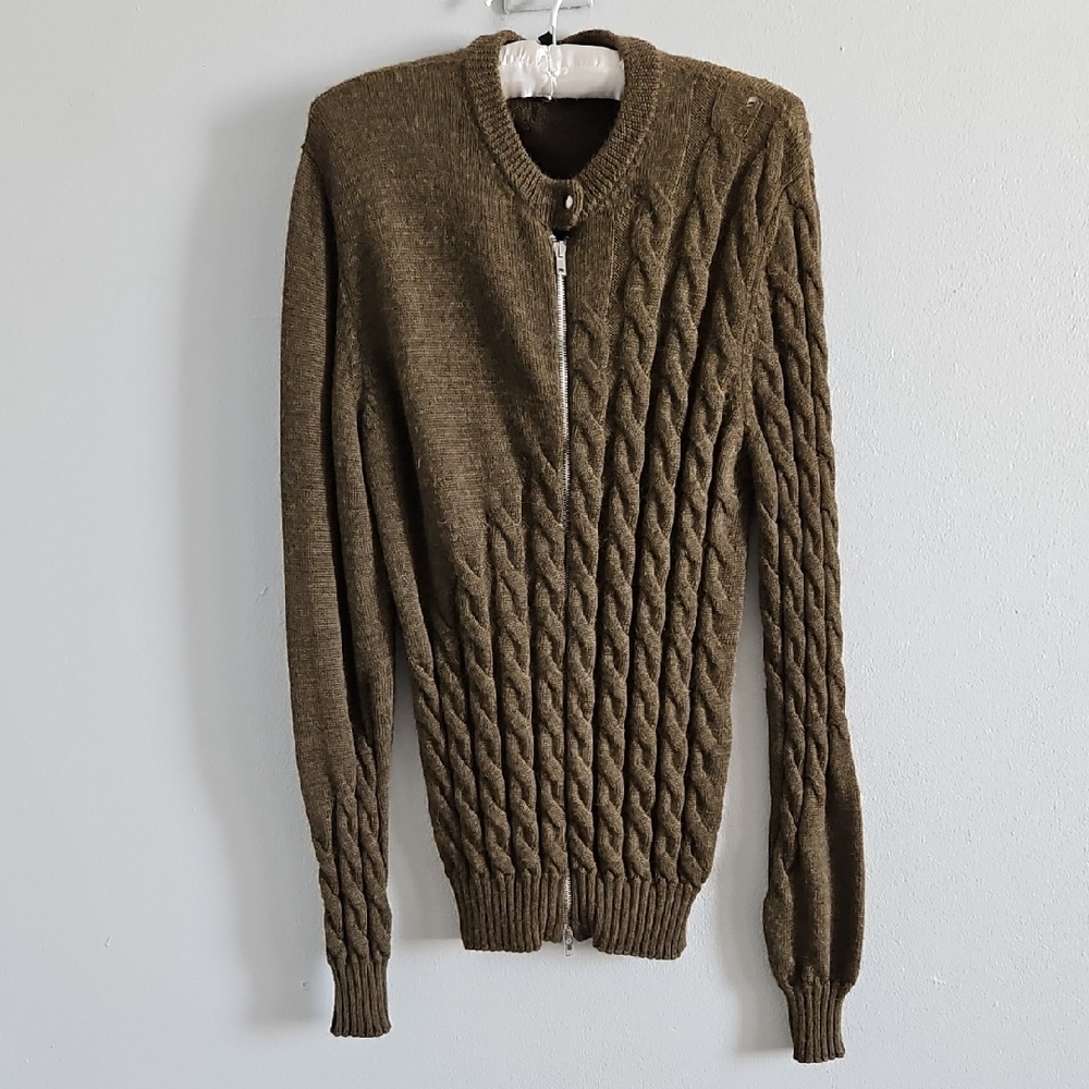 Jean Paul Gaultier Dark Olive Green Zip Up Sweater with Elegant Cable Knit Sz M